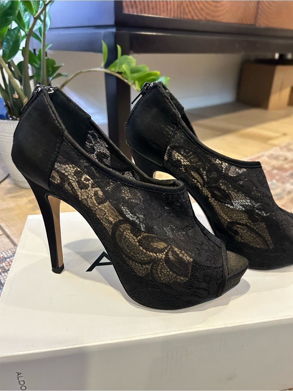 Aldo Black Lace Peep-Toe Stiletto Heels